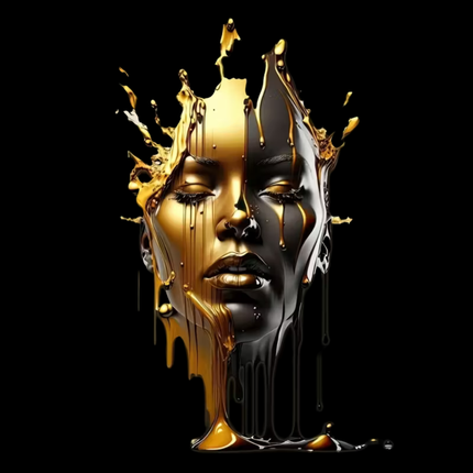 Gold Dripping Face Art Eco Solvent Heat Transfer by Style Junction Custom Digital Designs, vibrant exclusive apparel graphic.