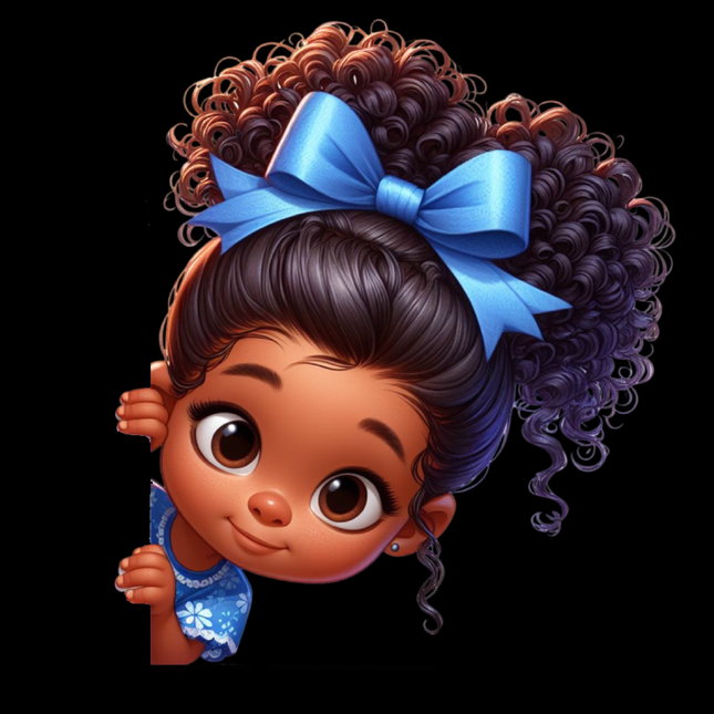 Peekaboo Girls #7 Heat Transfers by Style Junction Custom Digital Designs, featuring a curly-haired girl with blue bow ready to press.