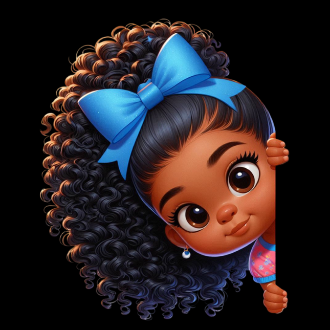 Peekaboo Girls #18 Heat Transfers by Style Junction Custom Digital Designs featuring a cute curly-haired girl with a blue bow.