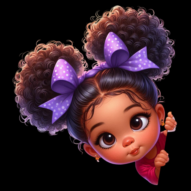 Peekaboo Girls #1 Heat Transfer by Style Junction Custom Digital Designs, showing a cute girl with curly hair and purple bows.