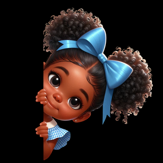 Peekaboo Girls #11 Heat Transfers by Style Junction Custom Digital Designs featuring a cute girl peeking with blue bows.