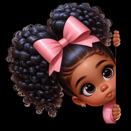 Peekaboo Girls #15 Heat Transfers by Style Junction Custom Digital Designs, featuring a cute girl with curly hair and pink bow.