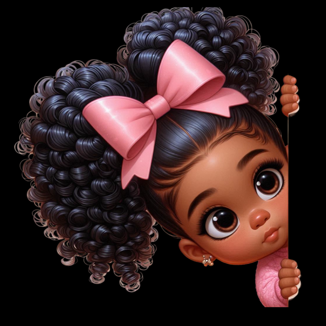 Peekaboo Girls #15 Heat Transfers by Style Junction Custom Digital Designs, featuring a cute girl with curly hair and pink bow.