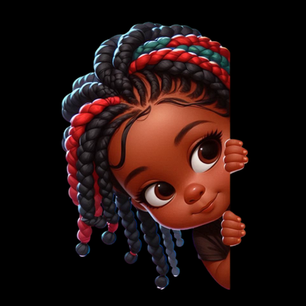 Peekaboo Girls #8 Heat Transfers by Style Junction Custom Digital Designs featuring a playful girl with colorful braided hair and big eyes.