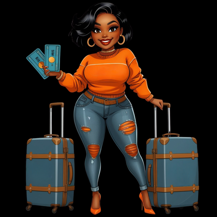 Travel Girl & Suitcases Eco Solvent Heat Transfer for Apparel by Style Junction Custom Digital Designs, vibrant and exclusive PNG design.