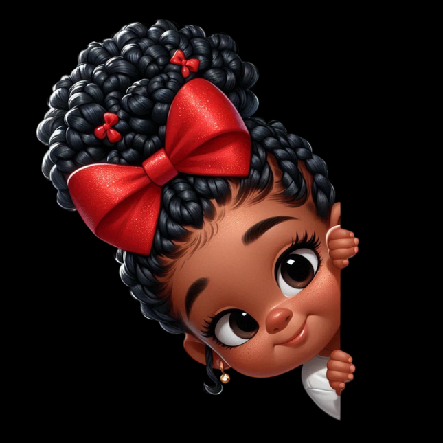 Peekaboo Girls #12 Heat Transfers featuring a playful girl with curly hair and red bows by Style Junction Custom Digital Designs.