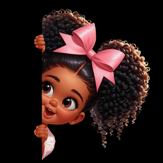 Peekaboo Girls #13 Heat Transfer by Style Junction Custom Digital Designs featuring a playful girl with curly hair and pink bow.