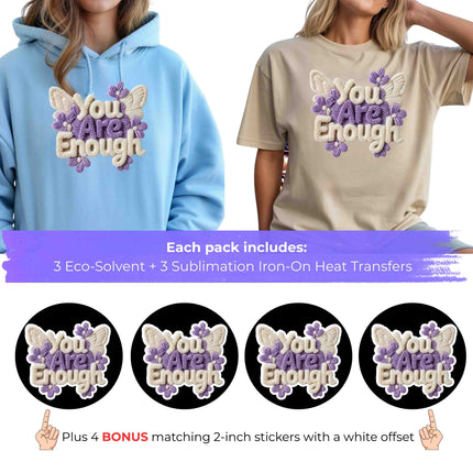 Faux Yarn-You Are Enough 6-Pack Crafter’s & DIY Bundle – 3 Eco-Solvent + 3 Sublimation Iron-On Heat Transfers, Ready to Press, for T-Shirts & More (Includes 4 Bonus Matching 2” inch Stickers).