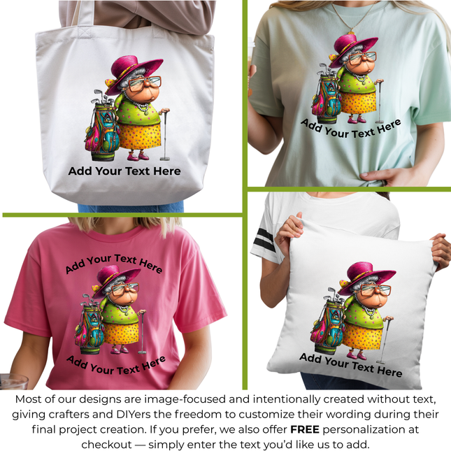 Grandma Fairway Flo 6-Pack DIY Bundle – 3 Eco-Solvent Iron-On Heat Transfers + 3 Sublimation Iron-On Heat Transfers, Ready to Press. Bonus: 4 Matching 2-Inch Stickers