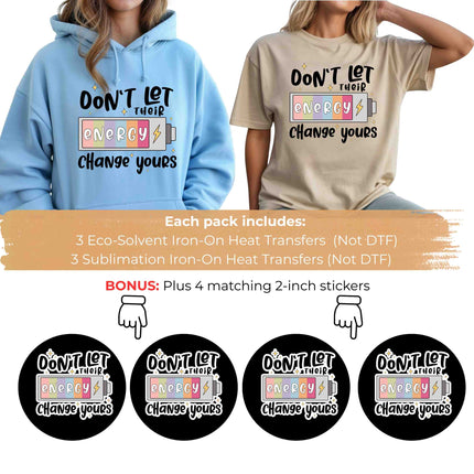 Energy Quote 6-Pack Crafter’s & DIY Bundle – 3 Eco-Solvent Iron-On Heat Transfers + 3 Sublimation Iron-On Heat Transfers, Ready to Press for T-Shirts & More. Bonus: 4 Matching 2-Inch Stickers