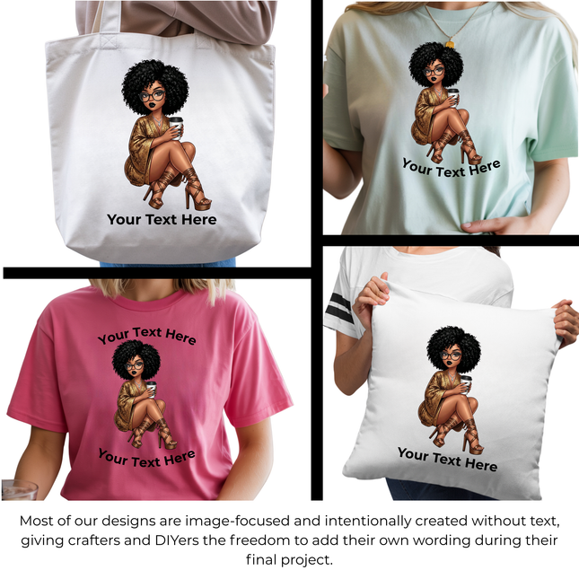 Mocha Chic Maven 3 Eco-Solvent Iron-On Heat Transfers + 3 Sublimation Iron-On Heat Transfers, Ready to Press. Bonus: 4 Matching 2-Inch Stickers