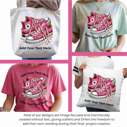 Blush Pearl High-Tops 6-Pack DIY Bundle – 3 Eco-Solvent Iron-On Heat Transfers + 3 Sublimation Iron-On Heat Transfers, Ready to Press. Bonus: 4 Matching 2-Inch Stickers