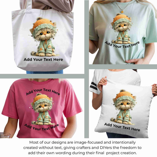 Whimsical Spring cat #11 6-Pack DIY Bundle – 3 Eco-Solvent Iron-On Heat Transfers + 3 Sublimation Iron-On Heat Transfers, Ready to Press. Bonus: 4 Matching 2-Inch Stickers