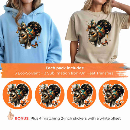 Metamorphosis Queen 6-Pack Crafter’s & DIY Bundle – 3 Eco-Solvent + 3 Sublimation Iron-On Heat Transfers, Ready to Press, for T-Shirts & More. Bonus: Matching 2” inch Stickers.