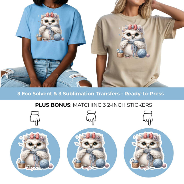 Knitting Owl DIY Craft Kit 9-Piece Creator Bundle Transfers for Shirts, Mugs & Tumblers with Stickers
