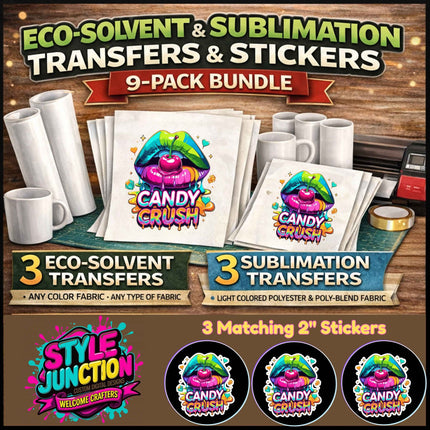 Candy Crush 9-Piece Bundle for Crafters & DIY – 3 Eco-Solvent + 3 Sublimation Transfers (Ready to Press) + 3 Matching 2” Stickers