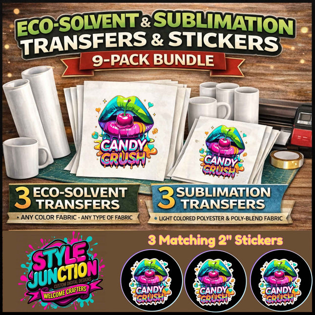 Candy Crush 9-Piece Bundle for Crafters & DIY – 3 Eco-Solvent + 3 Sublimation Transfers (Ready to Press) + 3 Matching 2” Stickers