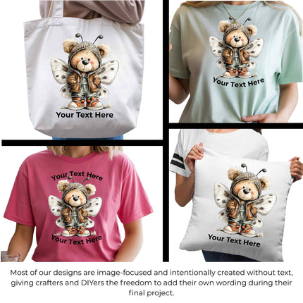 Butterfly Bear #1 6-Pack Crafter’s & DIY Bundle – 3 Eco-Solvent + 3 Sublimation Ready-to-Press Iron-On Heat Transfers for T-Shirts & More, + Bonus 4 Matching 2-Inch Stickers