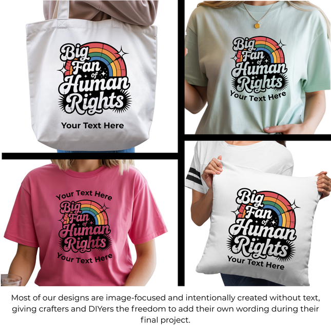 Big Fan of Human Rights 6-Pack Ready-to-Press DIY Bundle – 3 Eco-Solvent + 3 Sublimation Iron-on Heat Transfers with 4 Bonus 2-Inch Stickers