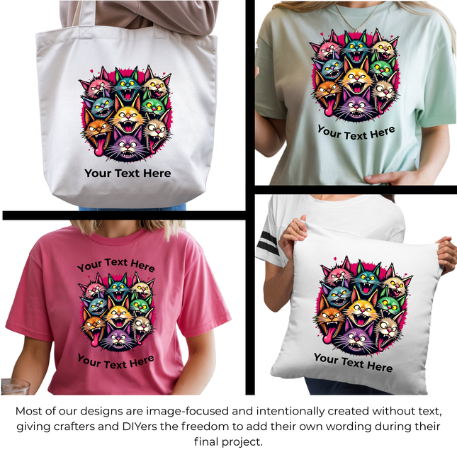 Feral Feline Frenzy 6-Pack Crafter’s & DIY Bundle – 3 Eco-Solvent + 3 Sublimation Ready-to-Press Iron-On Heat Transfers for T-Shirts, Tote Bags & More, + Bonus 4 Matching 2-Inch Stickers