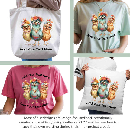 Floral Glasses Chick Trio 6-Pack DIY Bundle – 3 Eco-Solvent Iron-On Heat Transfers + 3 Sublimation Iron-On Heat Transfers, Ready to Press. Bonus: 4 Matching 2-Inch Stickers