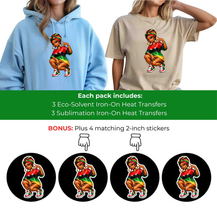 Pan-African Power Cutie 6-Pack Crafter’s & DIY Bundle – 3 Eco-Solvent Iron-On Heat Transfers + 3 Sublimation Iron-On Heat Transfers, Ready to Press. Bonus: 4 Matching 2-Inch Stickers