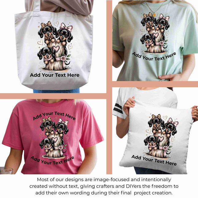 Bow-Tied Puppy Trio 6-Pack DIY Bundle – 3 Eco-Solvent Iron-On Heat Transfers + 3 Sublimation Iron-On Heat Transfers, Ready to Press. Bonus: 4 Matching 2-Inch Stickers