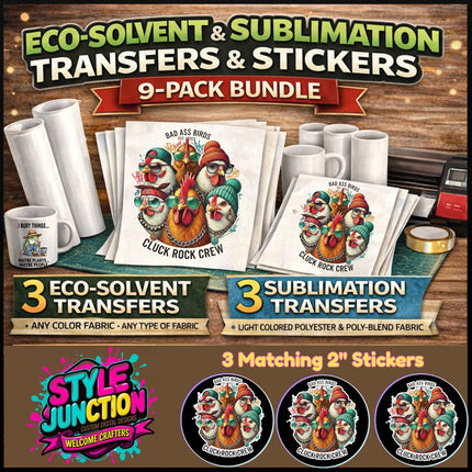 Cluck Rock Crew 9-Piece Bundle for Crafters & DIY – 3 Eco-Solvent + 3 Sublimation Transfers (Ready to Press) + 3 Matching 2” Stickers