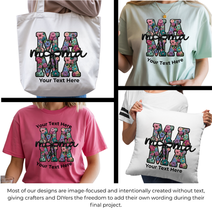 Floral Mama Black Monogram 6-Pack Ready-to-Press DIY Bundle – 3 Eco-Solvent + 3 Sublimation Iron-on Heat Transfers with 4 Bonus 2-Inch Stickers