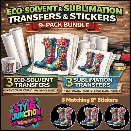Bloomimg Boots 9-Piece Bundle for Crafters & DIY – 3 Eco-Solvent + 3 Sublimation Transfers (Ready to Press) + 3 Matching 2” Stickers
