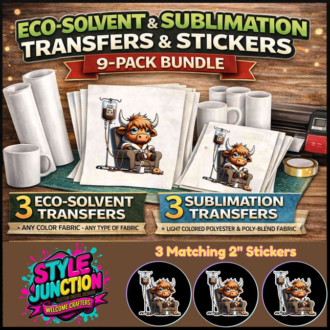 Extra Strong Brew 9-Piece Bundle for Crafters & DIY – 3 Eco-Solvent + 3 Sublimation Transfers (Ready to Press) + 3 Matching 2” Stickers