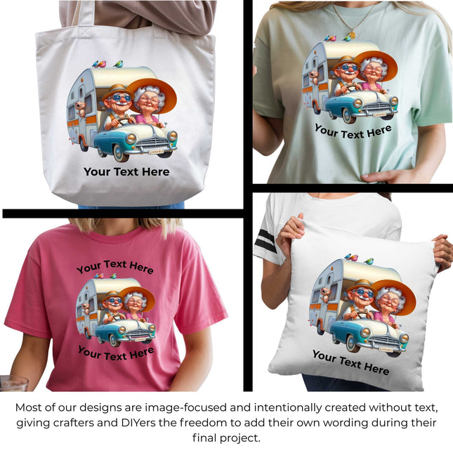 Golden Years Road Trip 6-Pack Ready-to-Press DIY Bundle – 3 Eco-Solvent + 3 Sublimation Heat Transfers with 4 Bonus 2-Inch Stickers