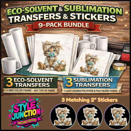 Baby Bunny Kitten 9-Piece Bundle for Crafters & DIY – 3 Eco-Solvent + 3 Sublimation Transfers (Ready to Press) + 3 Matching 2” Stickers