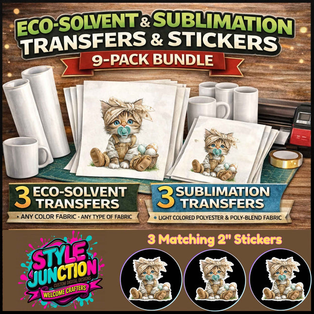 Baby Bunny Kitten 9-Piece Bundle for Crafters & DIY – 3 Eco-Solvent + 3 Sublimation Transfers (Ready to Press) + 3 Matching 2” Stickers