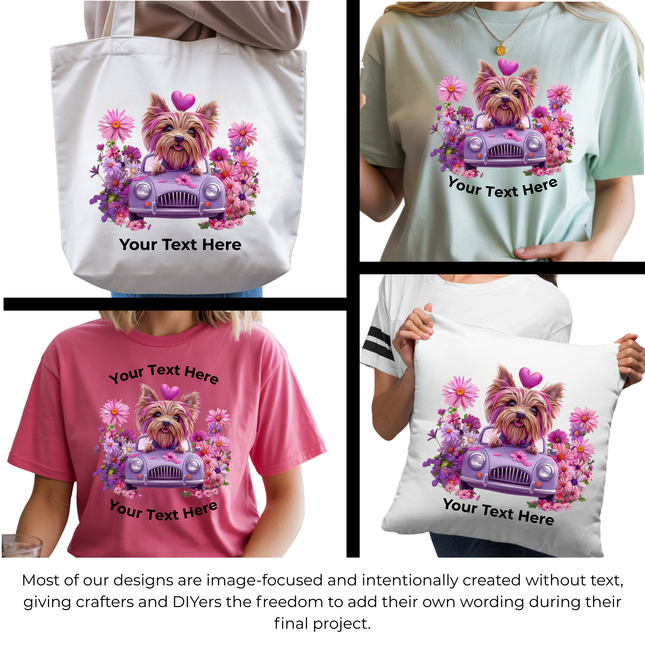 Petal Cruiser Yorkie 3 Eco-Solvent Iron-On Heat Transfers + 3 Sublimation Iron-On Heat Transfers, Ready to Press. Bonus: 4 Matching 2-Inch Stickers