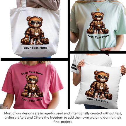 Luxury Hustle Bear 6-Pack Crafter’s & DIY Bundle – 3 Eco-Solvent + 3 Sublimation Ready-to-Press Iron-On Heat Transfers for T-Shirts, Tote Bags & More, + Bonus 4 Matching 2-Inch Stickers