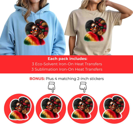 Regal Roots Radiance 6-Pack DIY Bundle – 3 Eco-Solvent Iron-On Heat Transfers + 3 Sublimation Iron-On Heat Transfers, Ready to Press. Bonus: 4 Matching 2-Inch Stickers