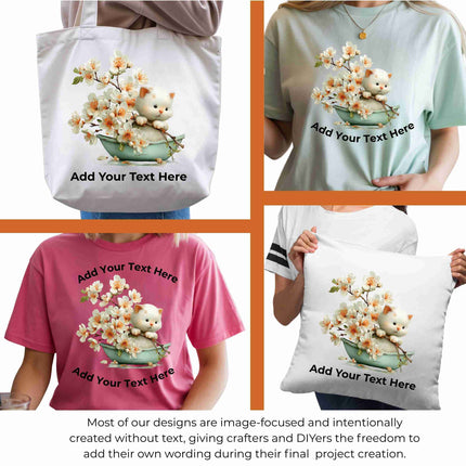 Whimsical Spring cat #1 6-Pack DIY Bundle – 3 Eco-Solvent Iron-On Heat Transfers + 3 Sublimation Iron-On Heat Transfers, Ready to Press. Bonus: 4 Matching 2-Inch Stickers