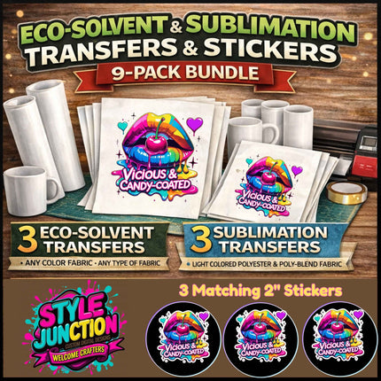 Vicious & Candy Coated 9-Piece Bundle for Crafters & DIY – 3 Eco-Solvent + 3 Sublimation Transfers (Ready to Press) + 3 Matching 2” Stickers