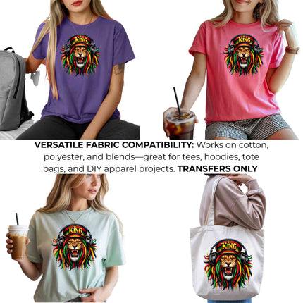 King Lion Rasta Heat Transfers 3-Pack, Ready to Press, Vibrant Long-Lasting Prints (Iron-On Transfers Only)