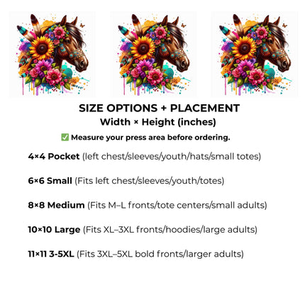 Boho Sunflower Spirit Horse 6-Pack Bundle – 3 Eco-Solvent + 3 Sublimation Iron on Transfers - Ready to Press (Iron on Transfers Only)