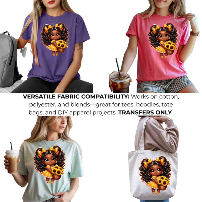 Sunshine Bloom Girl Heat Transfers 3-Pack, Ready to Press, Vibrant Long-Lasting Prints (Iron-On Transfers Only)