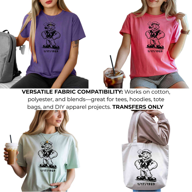 Vintage Cartoon Sailor Heat Transfers 3-Pack, Ready to Press, Vibrant Long-Lasting Prints (Iron-On Transfers Only)