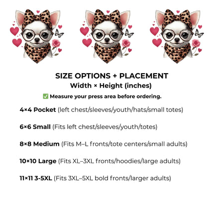 Chihuahua Sweetheart 6-Pack – 3 Eco-Solvent + 3 Sublimation Iron on Transfers - Ready to Press (Iron on Transfers Only)