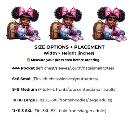 Little Miss Backpack Cutie 6-Pack – 3 Eco-Solvent + 3 Sublimation Iron on Transfers - Ready to Press (Iron on Transfers Only)