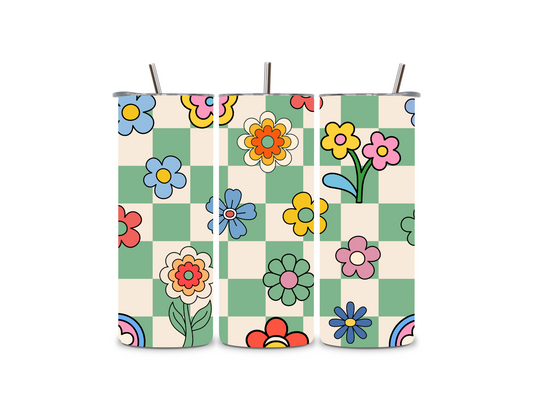 Custom Retro Checkered Floral 20oz Skinny Straight Tumbler