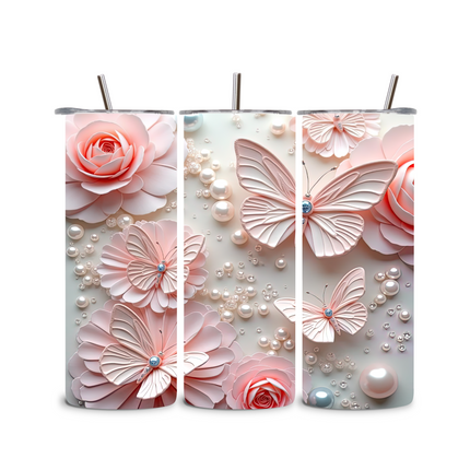 Elegant Butterfly & Pearl Tumbler – 20oz Soft Floral Glam Style 20oz Skinny Straight Tumbler Style Junction – Custom Digital Designs & Apparel
