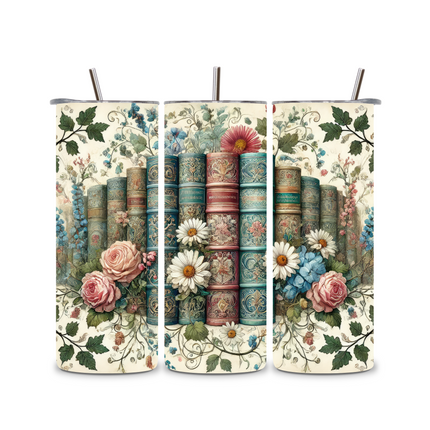 Floral Book Stack for Book Lovers-Custom 20oz Tumbler 20oz Skinny Straight Tumbler Style Junction – Custom Digital Designs & Apparel