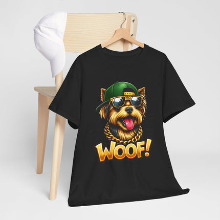 Woof! Cool Yorkie Graphic Tee — Retro Pup with Sunglasses & Cap
