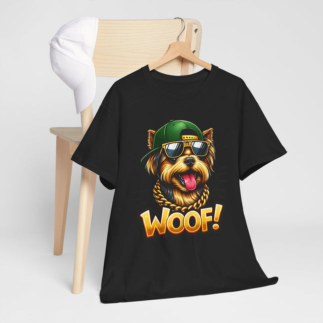 Woof! Cool Yorkie Graphic Tee — Retro Pup with Sunglasses & Cap
